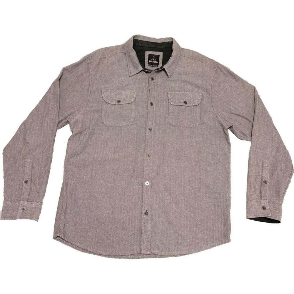 Prana Lybek Long Sleeve Midweight Flannel Button Down Shirt Gray Herringbone XL